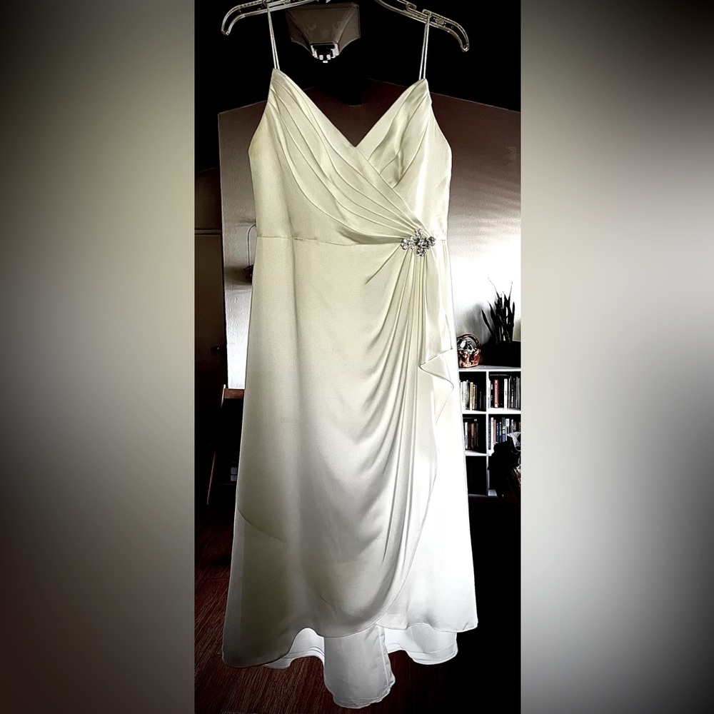 White satin pleated spaghetti strap dress w/ translucent handmade shoulder wrap